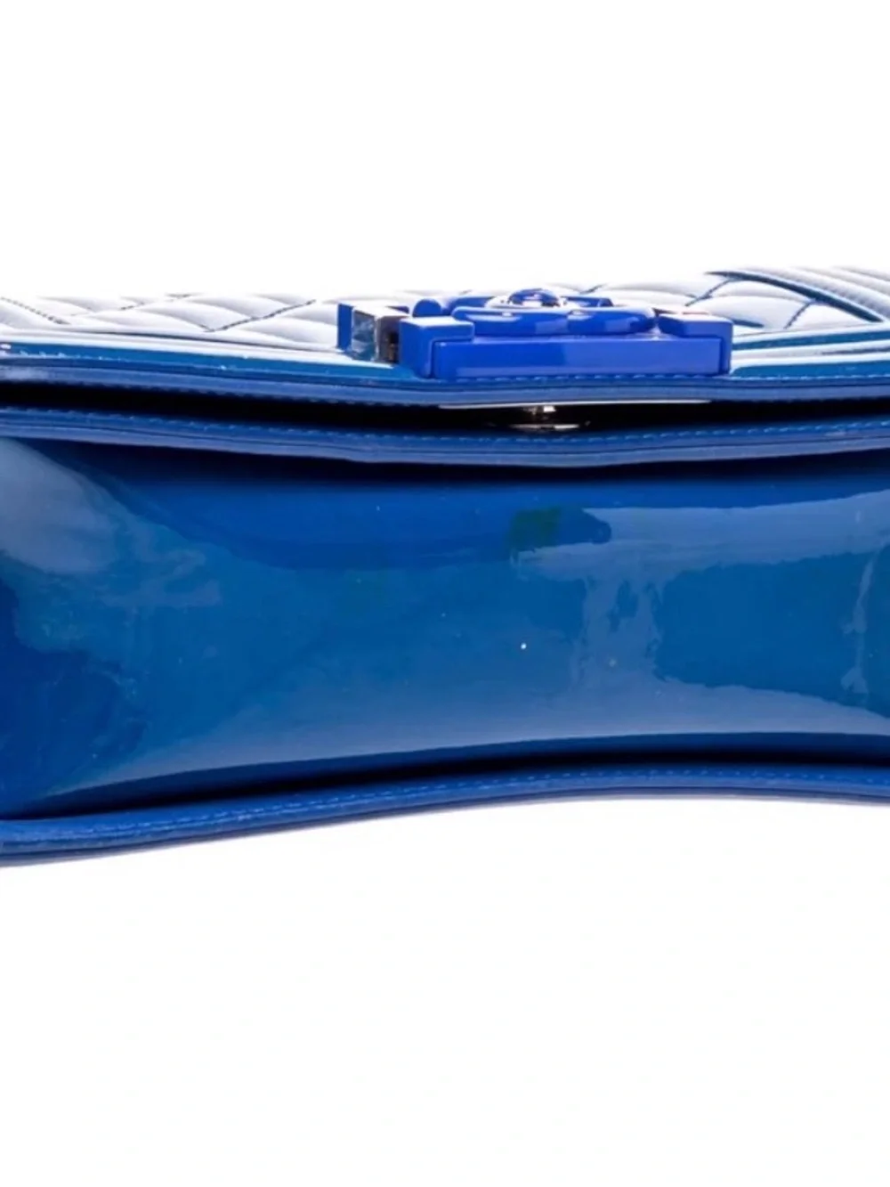 CHANEL 2022 Glossy Patent Quilted Blue Shoulder Bag with Silver Chain